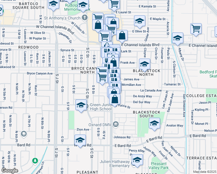 map of restaurants, bars, coffee shops, grocery stores, and more near 3451 Saviers Road in Oxnard