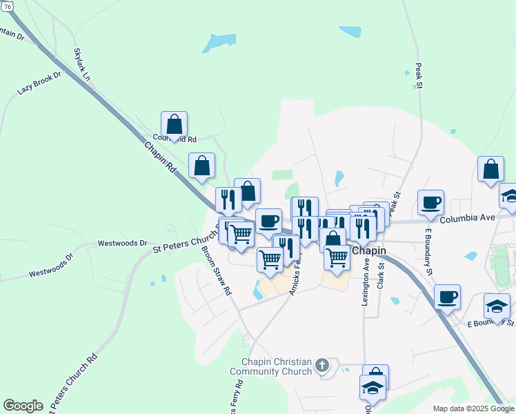 map of restaurants, bars, coffee shops, grocery stores, and more near 139 North Columbia Court in Chapin