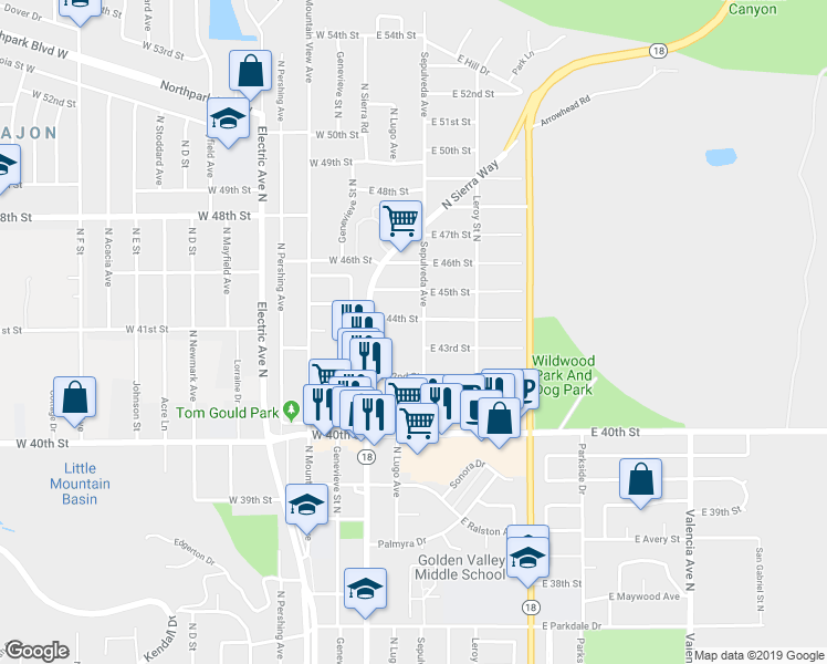 map of restaurants, bars, coffee shops, grocery stores, and more near 175 East 44th Street in San Bernardino
