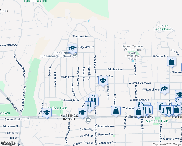 map of restaurants, bars, coffee shops, grocery stores, and more near 1285 Tropical Avenue in Pasadena