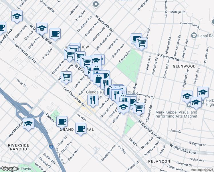 map of restaurants, bars, coffee shops, grocery stores, and more near 1412 5th Street in Glendale