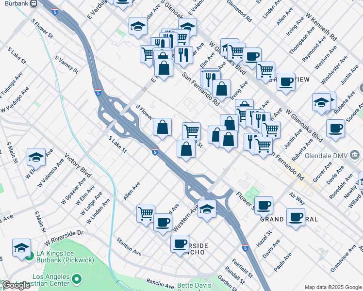 map of restaurants, bars, coffee shops, grocery stores, and more near 1851 Flower Street in Glendale
