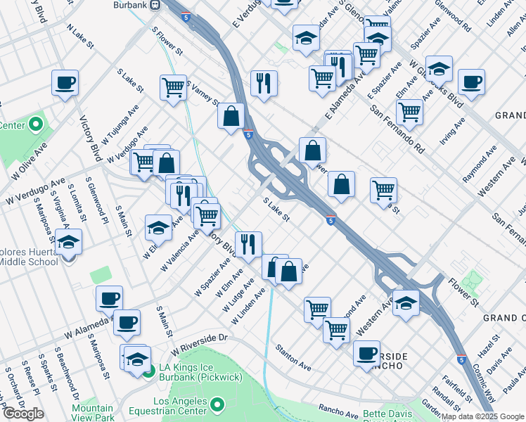 map of restaurants, bars, coffee shops, grocery stores, and more near 1015 South Lake Street in Burbank