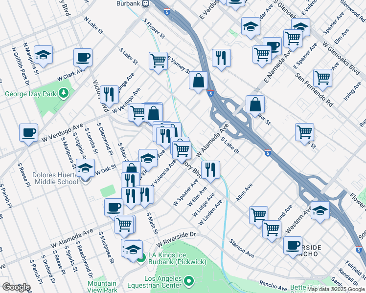 map of restaurants, bars, coffee shops, grocery stores, and more near 254 West Ash Avenue in Burbank