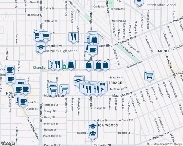 map of restaurants, bars, coffee shops, grocery stores, and more near 5333 Cahuenga Boulevard in Los Angeles
