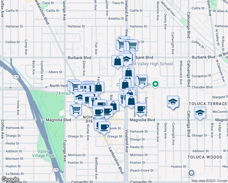 map of restaurants, bars, coffee shops, grocery stores, and more near 11101 Chandler Boulevard in Los Angeles