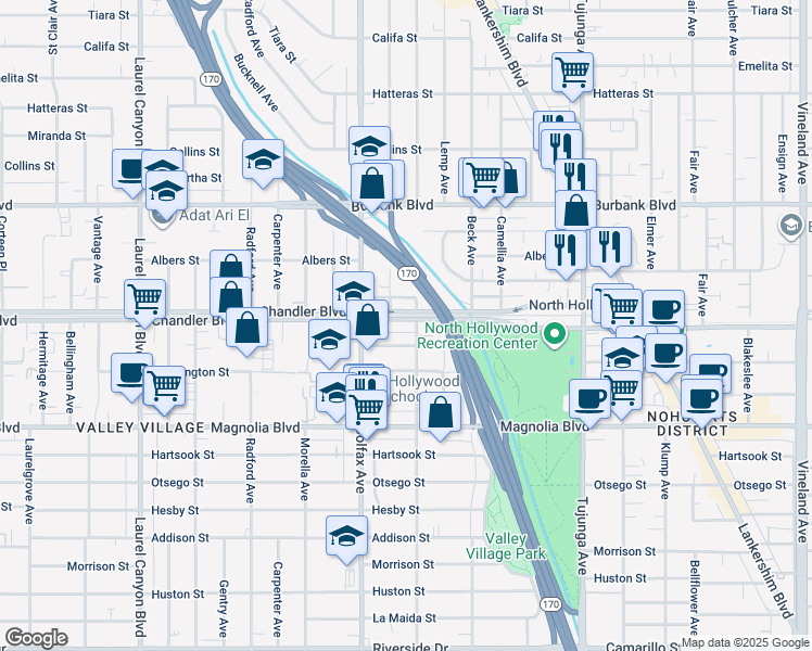 map of restaurants, bars, coffee shops, grocery stores, and more near 11644 Chandler Boulevard in Los Angeles