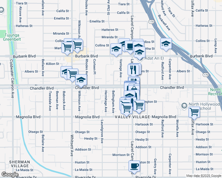 map of restaurants, bars, coffee shops, grocery stores, and more near 12227 Chandler Boulevard in Los Angeles
