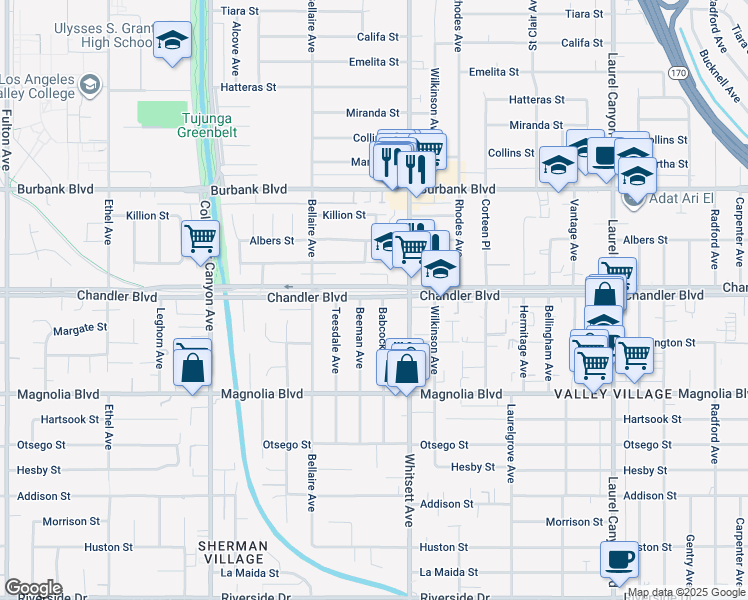 map of restaurants, bars, coffee shops, grocery stores, and more near 12557 Chandler Boulevard in Los Angeles