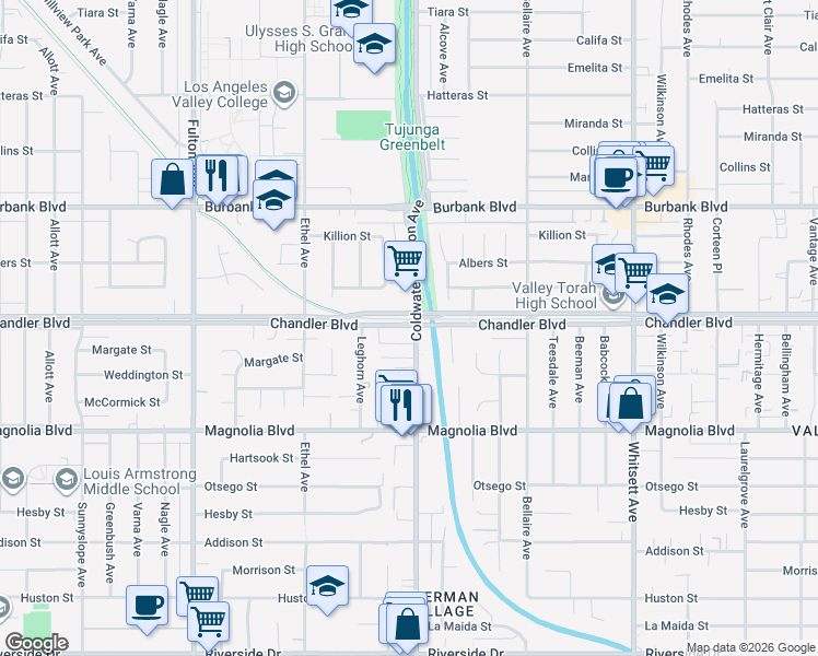 map of restaurants, bars, coffee shops, grocery stores, and more near 12915 Chandler Boulevard in Los Angeles