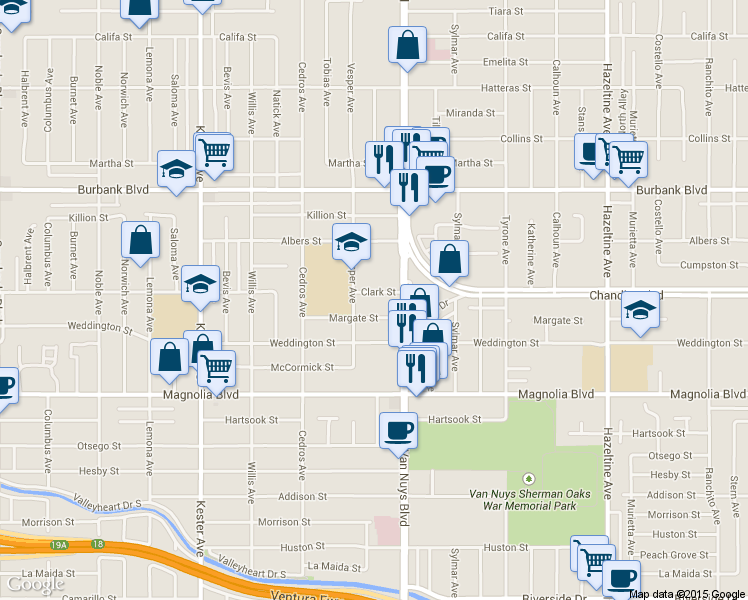 map of restaurants, bars, coffee shops, grocery stores, and more near 14560 Clark Street in Los Angeles