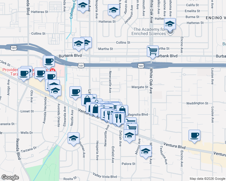 map of restaurants, bars, coffee shops, grocery stores, and more near 5400 Newcastle Avenue in Los Angeles