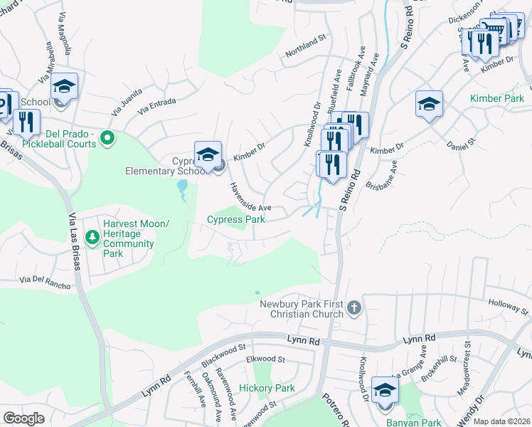 map of restaurants, bars, coffee shops, grocery stores, and more near 556 Knollwood Drive in Thousand Oaks