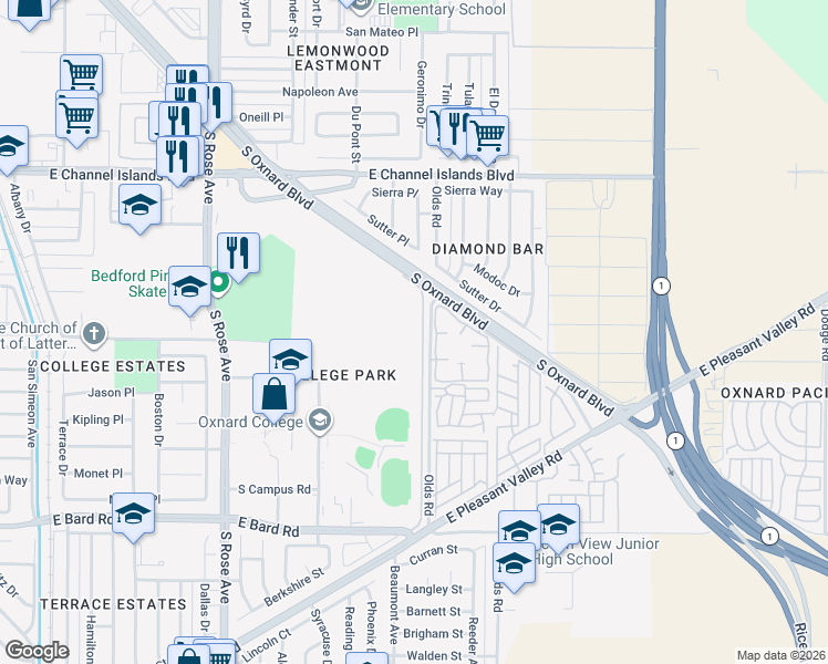 map of restaurants, bars, coffee shops, grocery stores, and more near 2111 Thrush Avenue in Oxnard