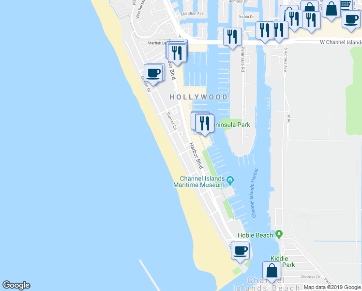 map of restaurants, bars, coffee shops, grocery stores, and more near 3520 Sunset Lane in Oxnard