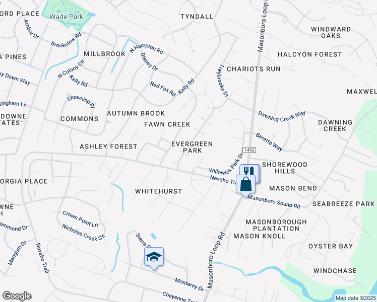 map of restaurants, bars, coffee shops, grocery stores, and more near 1007 Primivera Court in Wilmington