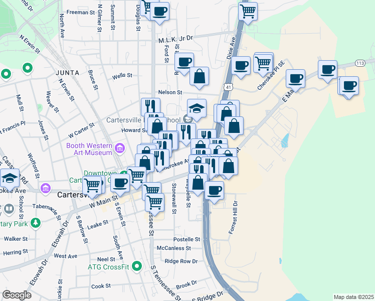 map of restaurants, bars, coffee shops, grocery stores, and more near 317 E Church St in Cartersville