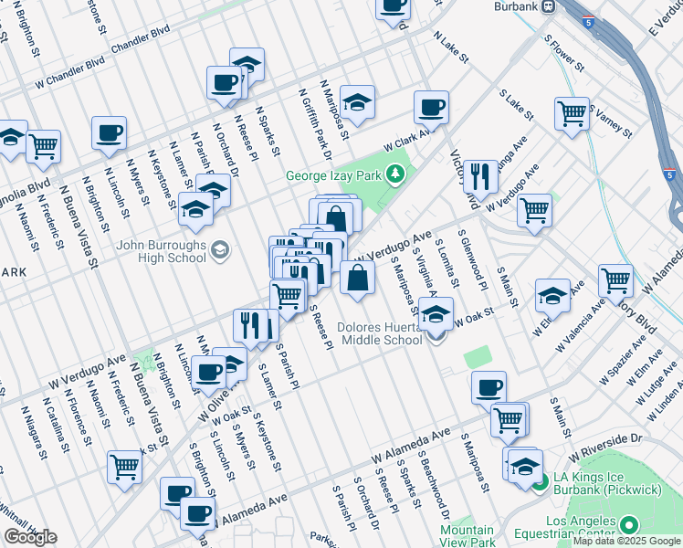 map of restaurants, bars, coffee shops, grocery stores, and more near 1508 West Verdugo Avenue in Burbank