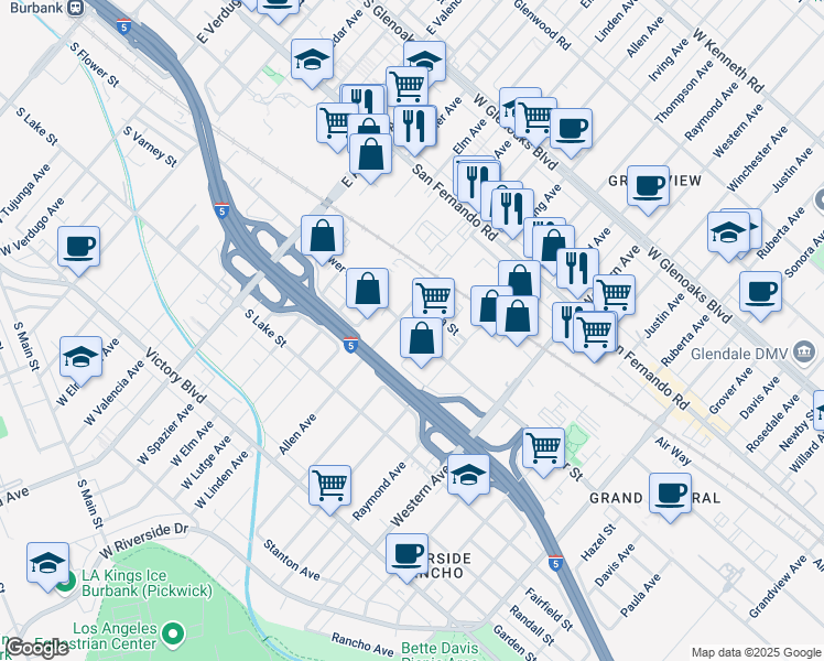 map of restaurants, bars, coffee shops, grocery stores, and more near 1840 Flower Street in Glendale