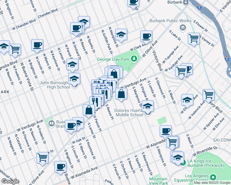 map of restaurants, bars, coffee shops, grocery stores, and more near 1508 West Verdugo Avenue in Burbank