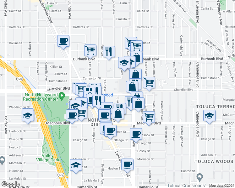 map of restaurants, bars, coffee shops, grocery stores, and more near 11101 Chandler Boulevard in Los Angeles