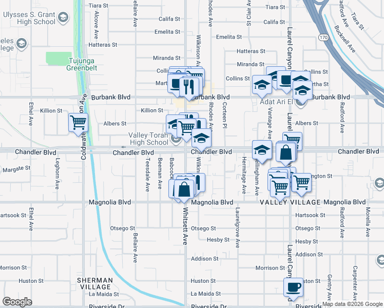 map of restaurants, bars, coffee shops, grocery stores, and more near 12419 Chandler Boulevard in Los Angeles