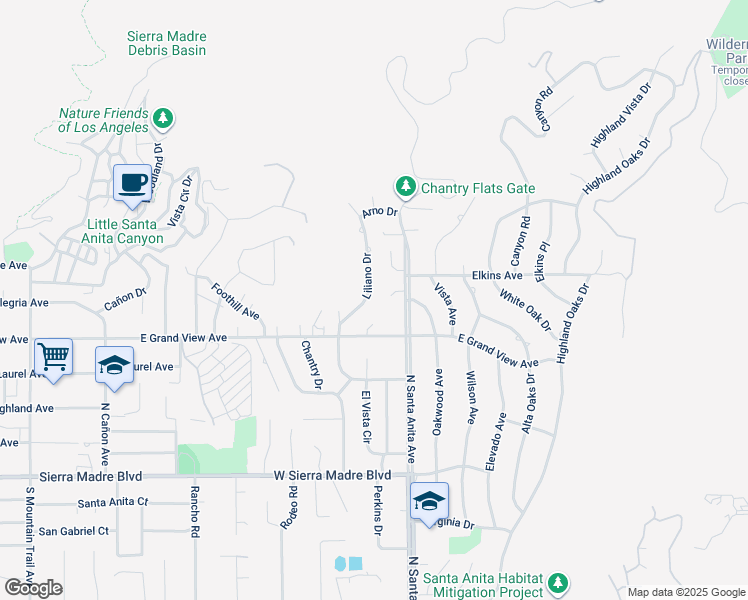 map of restaurants, bars, coffee shops, grocery stores, and more near 1960 Liliano Drive in Sierra Madre
