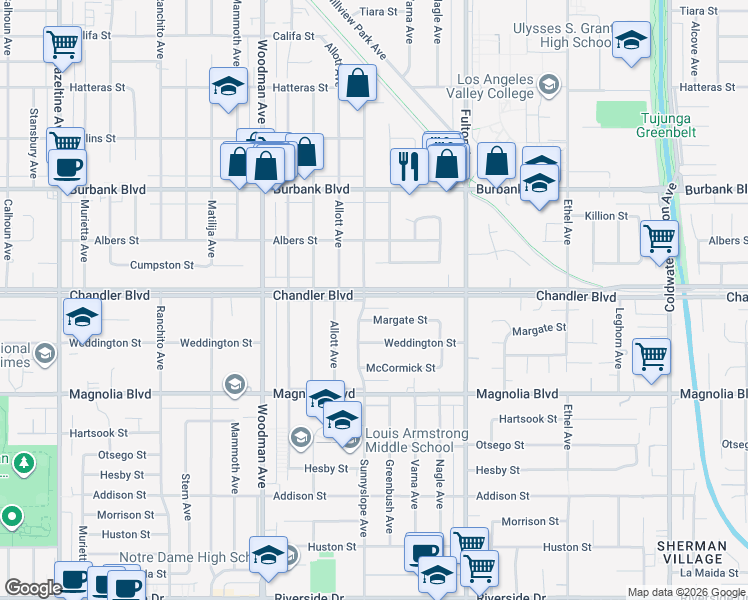 map of restaurants, bars, coffee shops, grocery stores, and more near 13454 Chandler Boulevard in Los Angeles