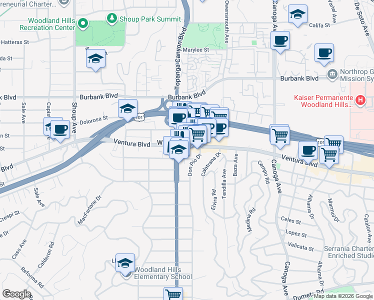 map of restaurants, bars, coffee shops, grocery stores, and more near 21930 Ventura Boulevard in Los Angeles