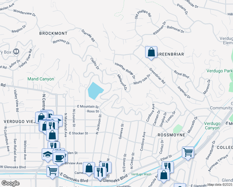 map of restaurants, bars, coffee shops, grocery stores, and more near 631 Cavanagh Road in Glendale