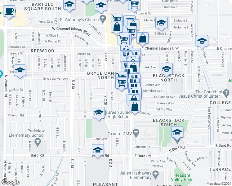 map of restaurants, bars, coffee shops, grocery stores, and more near 3445 South A Street in Oxnard