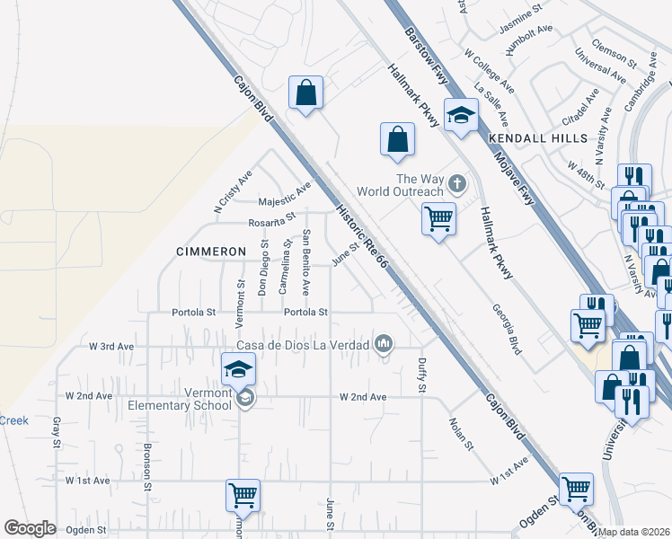 map of restaurants, bars, coffee shops, grocery stores, and more near 3991 June Street in Muscoy