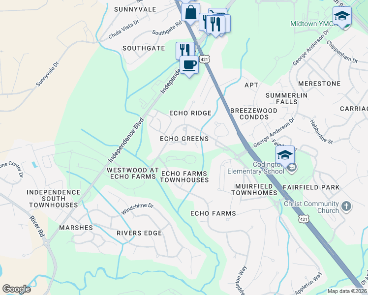 map of restaurants, bars, coffee shops, grocery stores, and more near 3972 Echo Farms Boulevard in Wilmington