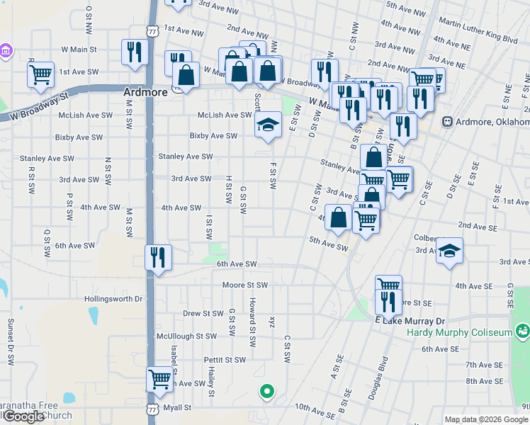 map of restaurants, bars, coffee shops, grocery stores, and more near 623 4th Avenue Southwest in Ardmore