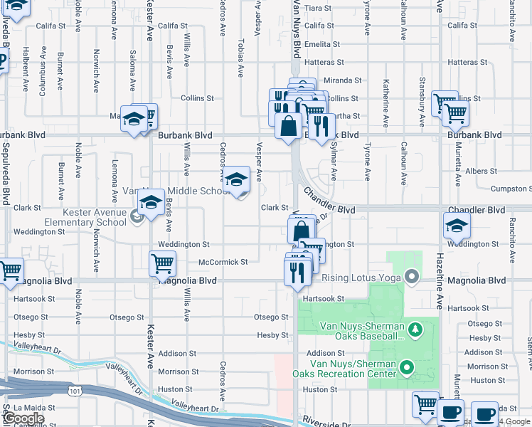 map of restaurants, bars, coffee shops, grocery stores, and more near in Los Angeles