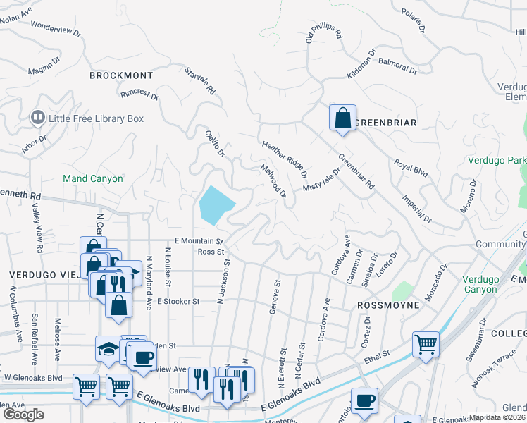 map of restaurants, bars, coffee shops, grocery stores, and more near 631 Cavanagh Road in Glendale