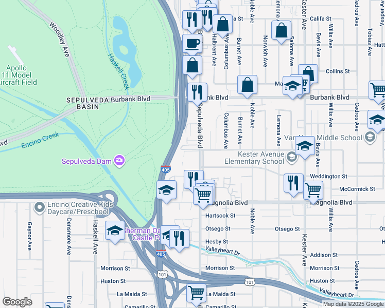 map of restaurants, bars, coffee shops, grocery stores, and more near 5345 Sepulveda Boulevard in Los Angeles