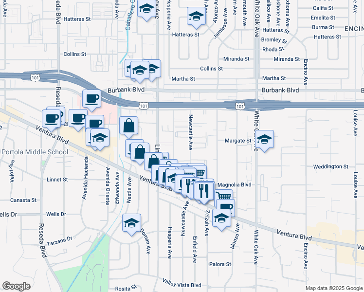 map of restaurants, bars, coffee shops, grocery stores, and more near 5349 Newcastle Avenue in Los Angeles
