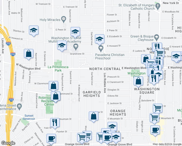 map of restaurants, bars, coffee shops, grocery stores, and more near 1293 North Garfield Avenue in Pasadena