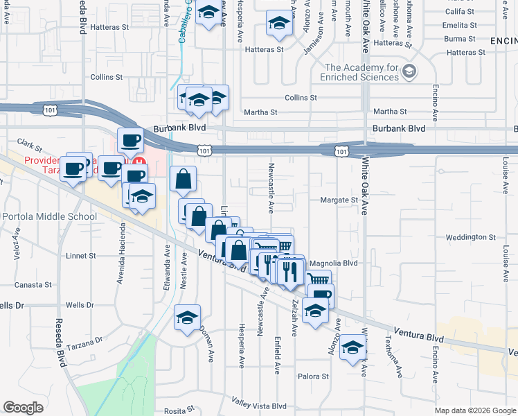 map of restaurants, bars, coffee shops, grocery stores, and more near 5349 Newcastle Avenue in Los Angeles