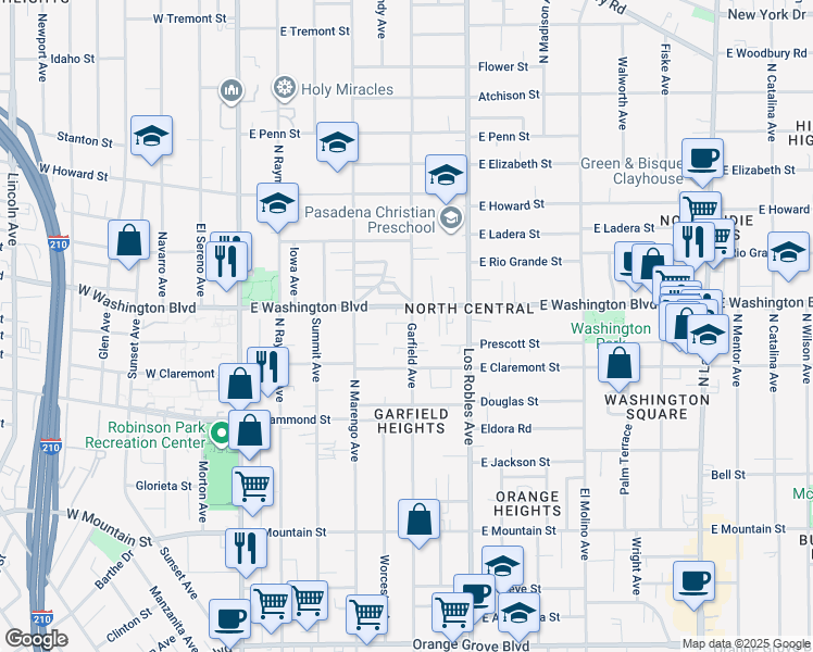 map of restaurants, bars, coffee shops, grocery stores, and more near 1293N Garfield Avenue in Pasadena