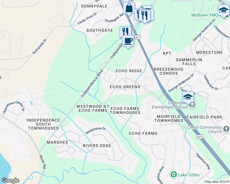 map of restaurants, bars, coffee shops, grocery stores, and more near 3928 Echo Farms Boulevard in Wilmington