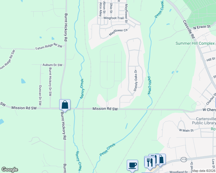 map of restaurants, bars, coffee shops, grocery stores, and more near 480 Mission Road Southwest in Cartersville