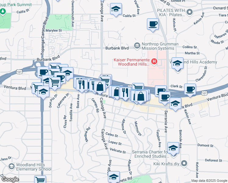 map of restaurants, bars, coffee shops, grocery stores, and more near 21301 Ventura Boulevard in Los Angeles