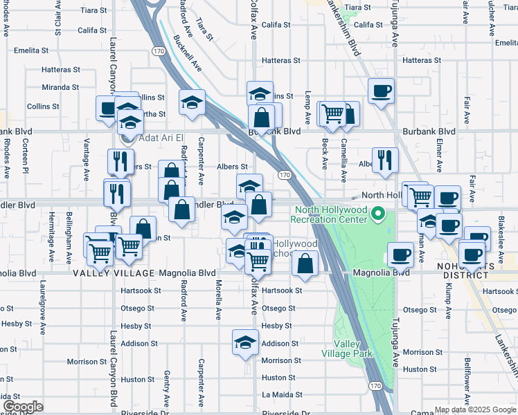 map of restaurants, bars, coffee shops, grocery stores, and more near 11688 Chandler Boulevard in Los Angeles