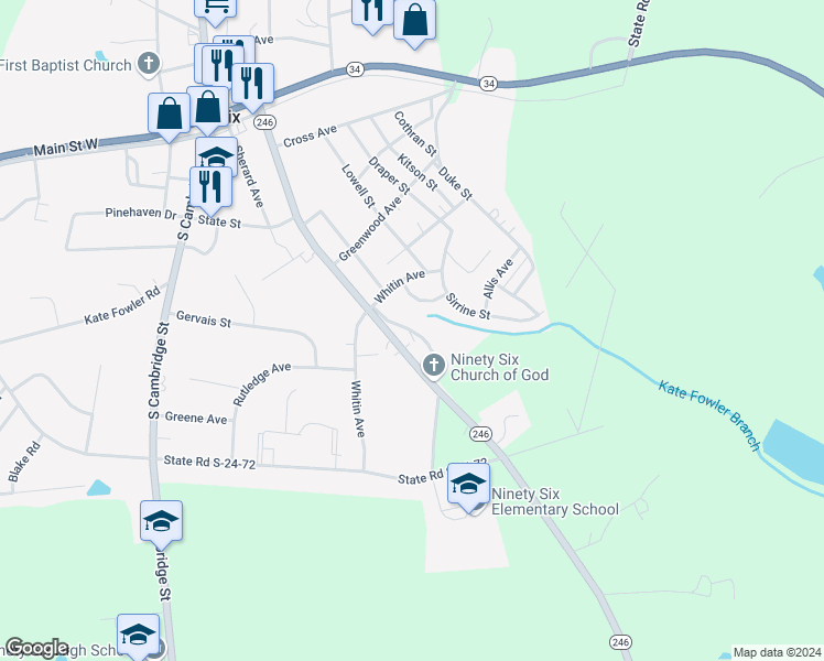 map of restaurants, bars, coffee shops, grocery stores, and more near 114 Liberty Street in Ninety Six