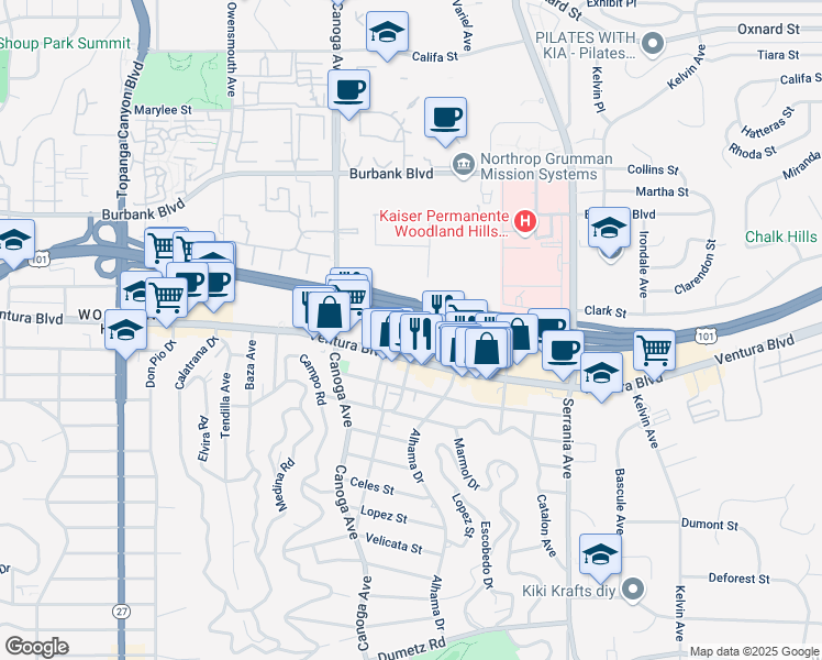 map of restaurants, bars, coffee shops, grocery stores, and more near 21200 Clarendon Street in Los Angeles