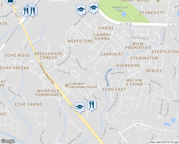 map of restaurants, bars, coffee shops, grocery stores, and more near 3822 Habberline Street in Wilmington