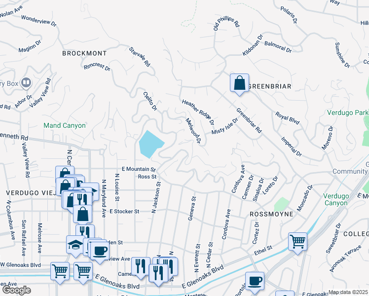map of restaurants, bars, coffee shops, grocery stores, and more near 631 Cavanagh Road in Glendale