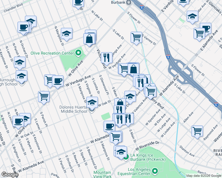 map of restaurants, bars, coffee shops, grocery stores, and more near 521 South Main Street in Burbank